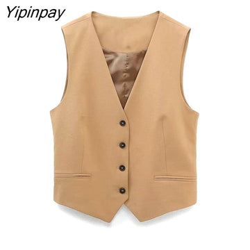 Yipinpay 2023 Women Pant Vest Suit Sets Spring Autumn Fashion V-neck Coat Zipper Wide Leg Pants Basic Causal Office Outfits Outwear